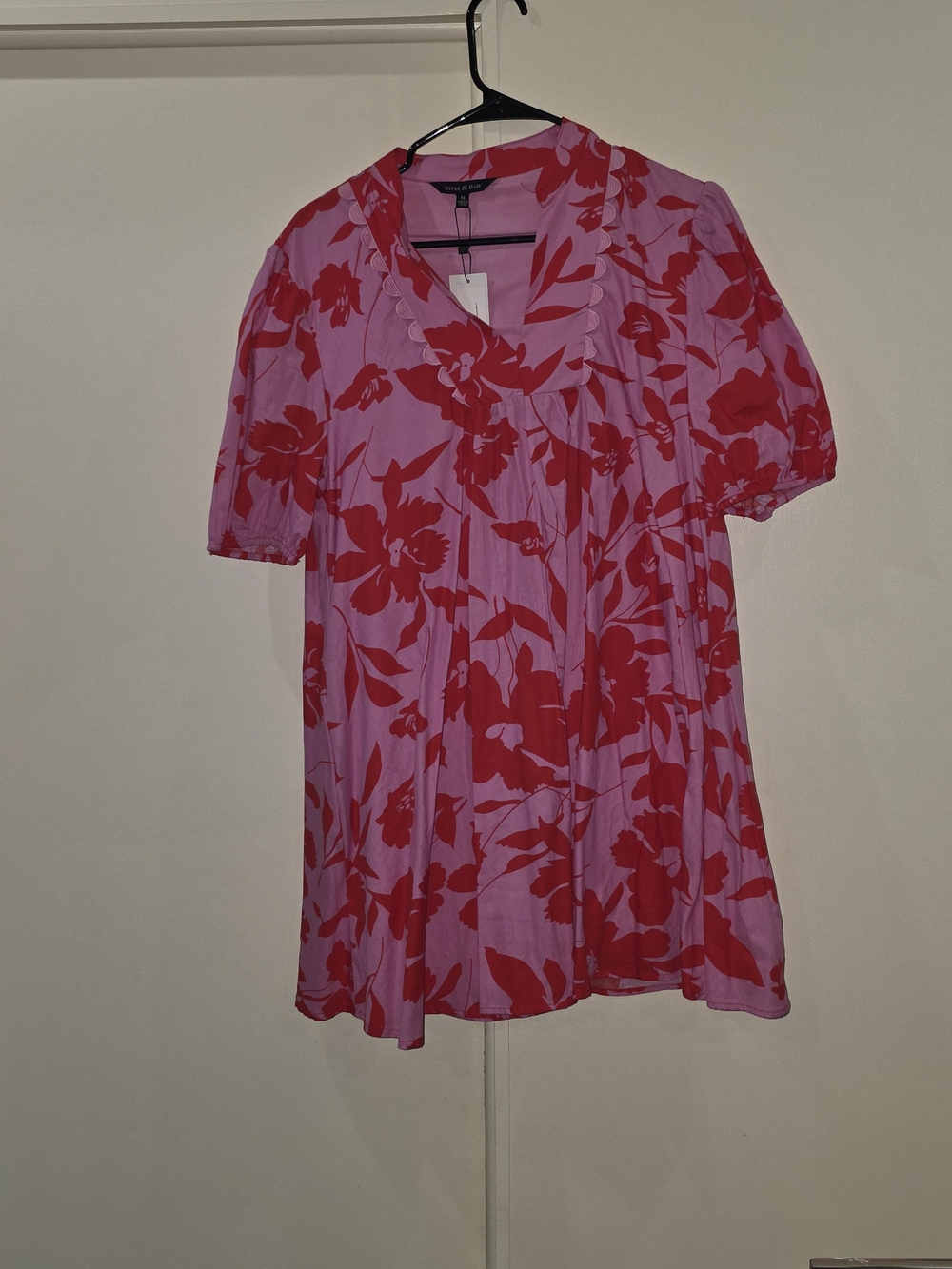 Floral Pink & Red Mini Dress with Puff Sleeves